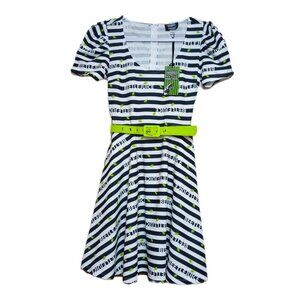 BEETLEJUICE X UNIQUE VINTAGE FLARE DRESS BLACK WHITE BEETLEJUICE BUG STRIPED XS